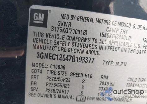 2007 Chevrolet Avalanche 1500 Ltz из США, поврежденный, VIN 3GNEC12047G193377